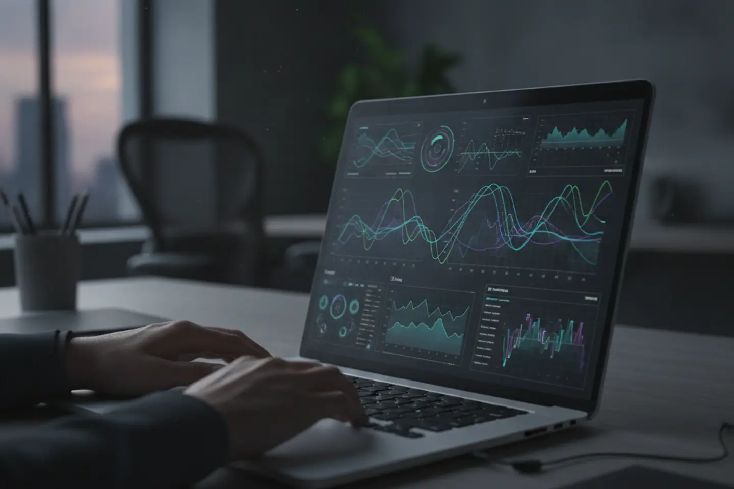 Laptop showing search performance charts on a desk