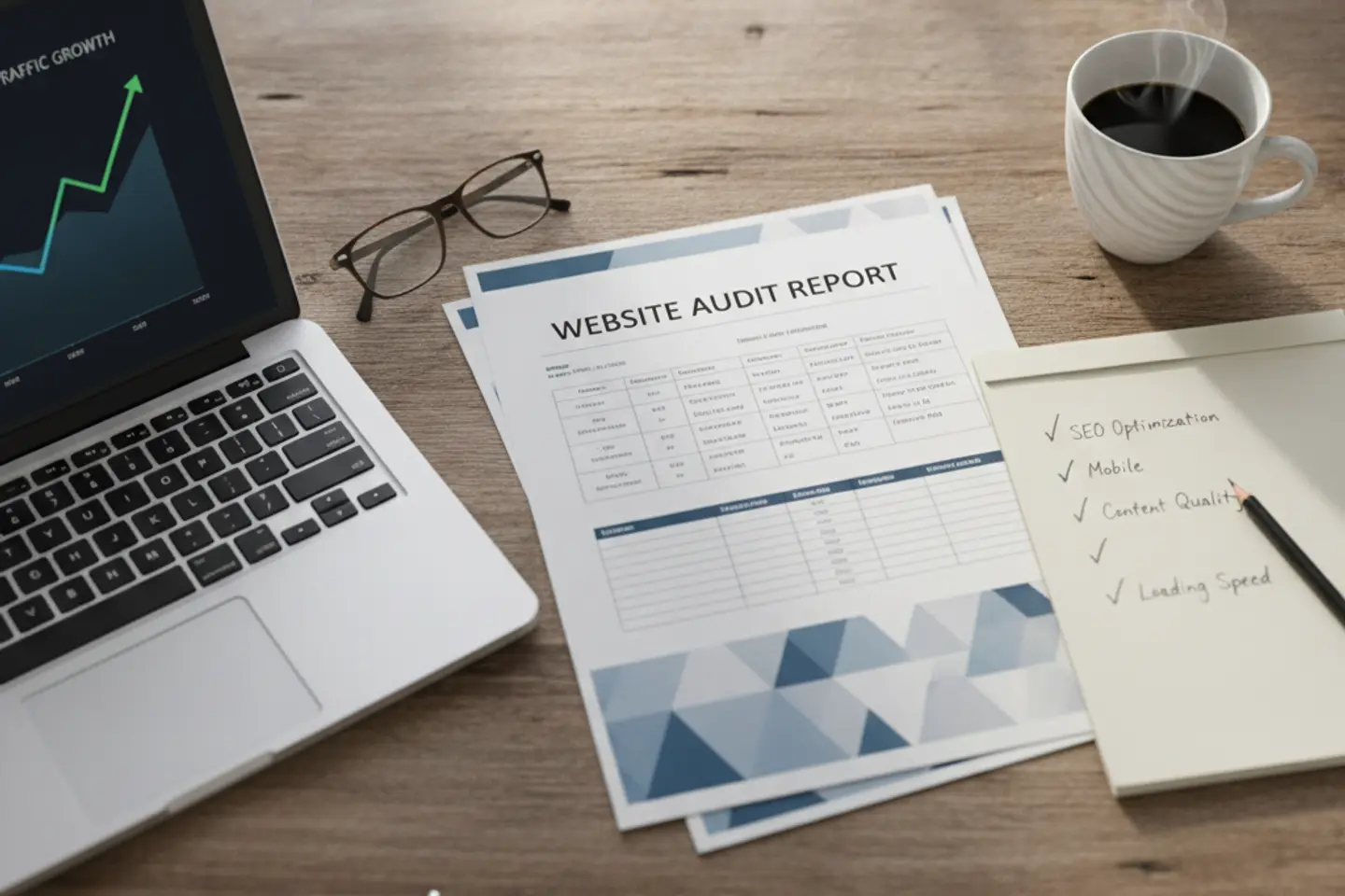 Printed website audit report and checklist on a desk beside a laptop