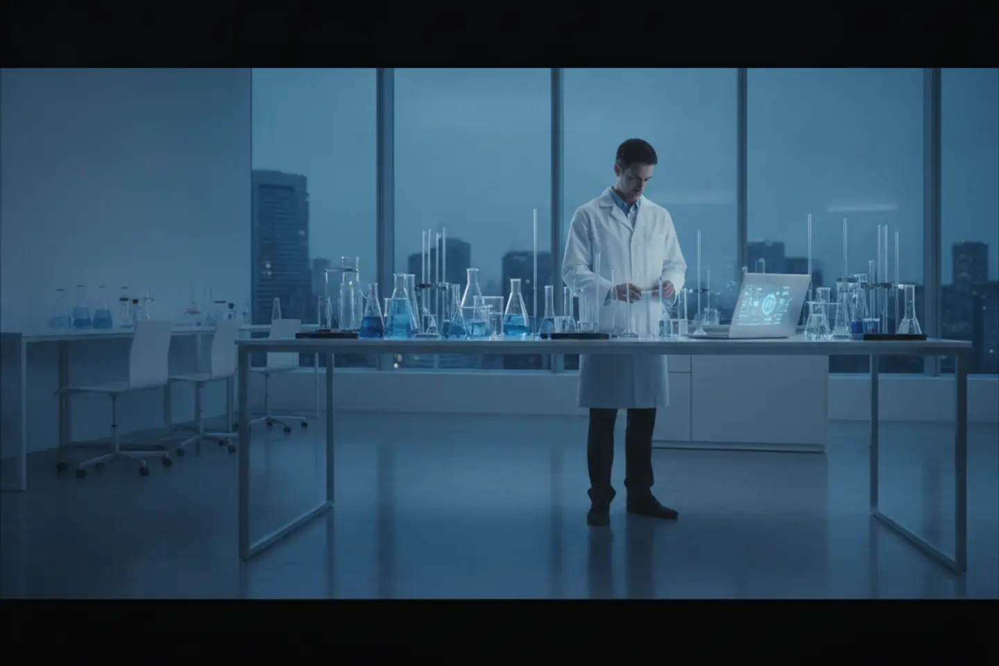 Scientist working at a laptop in a modern laboratory