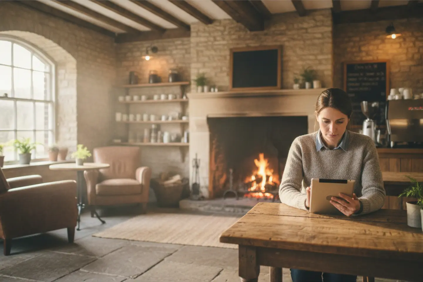 Cafe owner checking a tablet in an Oxfordshire market town