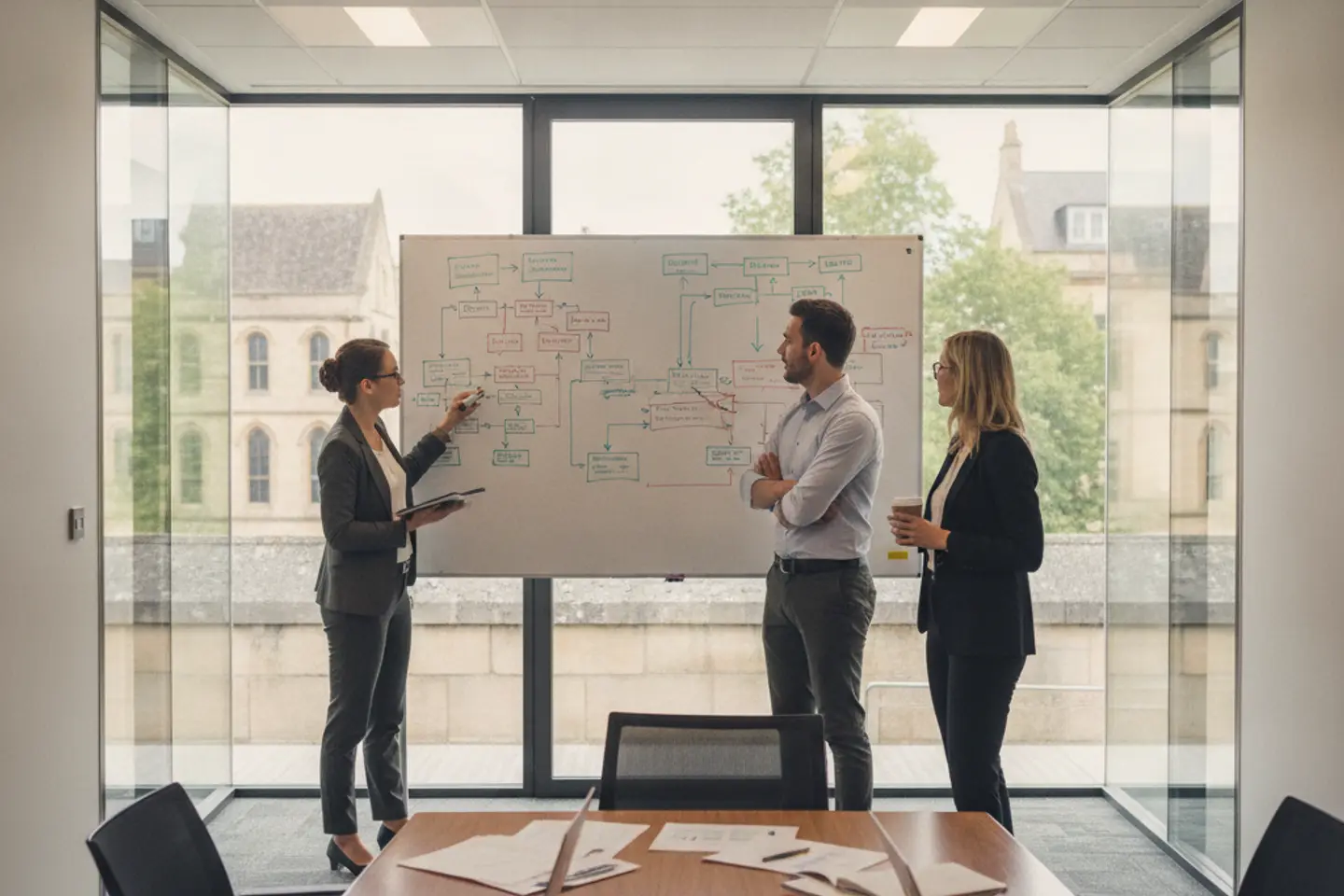 Three people planning a site structure on a whiteboard