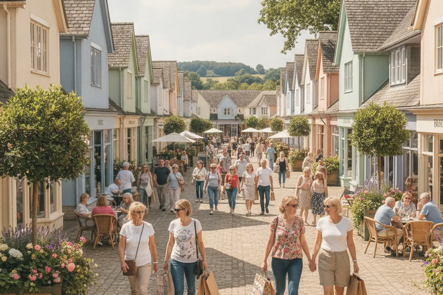 Shoppers walking along an outlet shopping street in north Oxfordshire