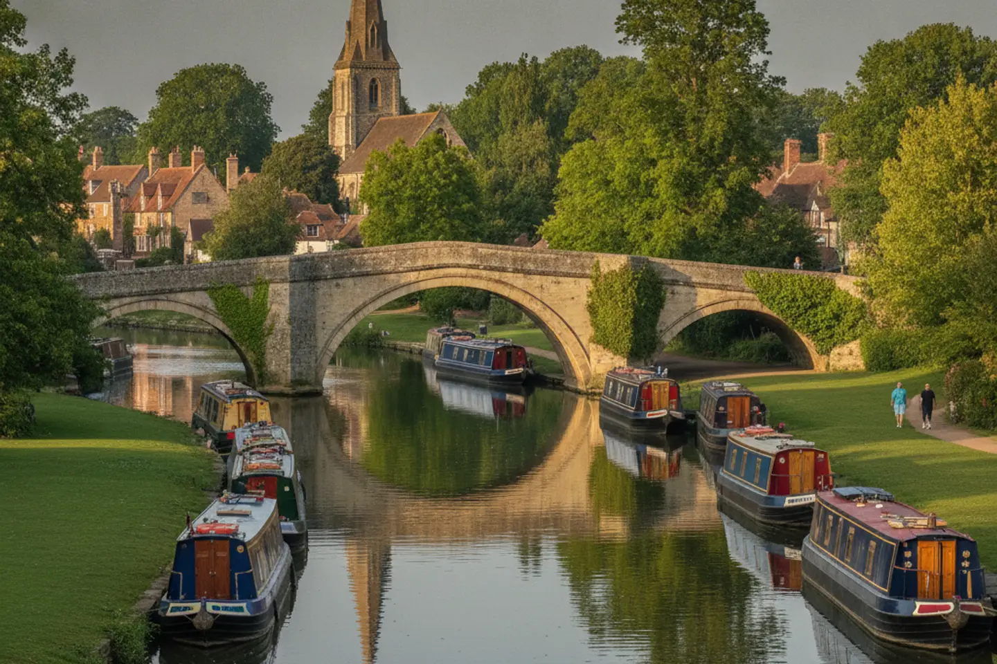 Stone bridge over the Thames with narrowboats in an Oxfordshire market town