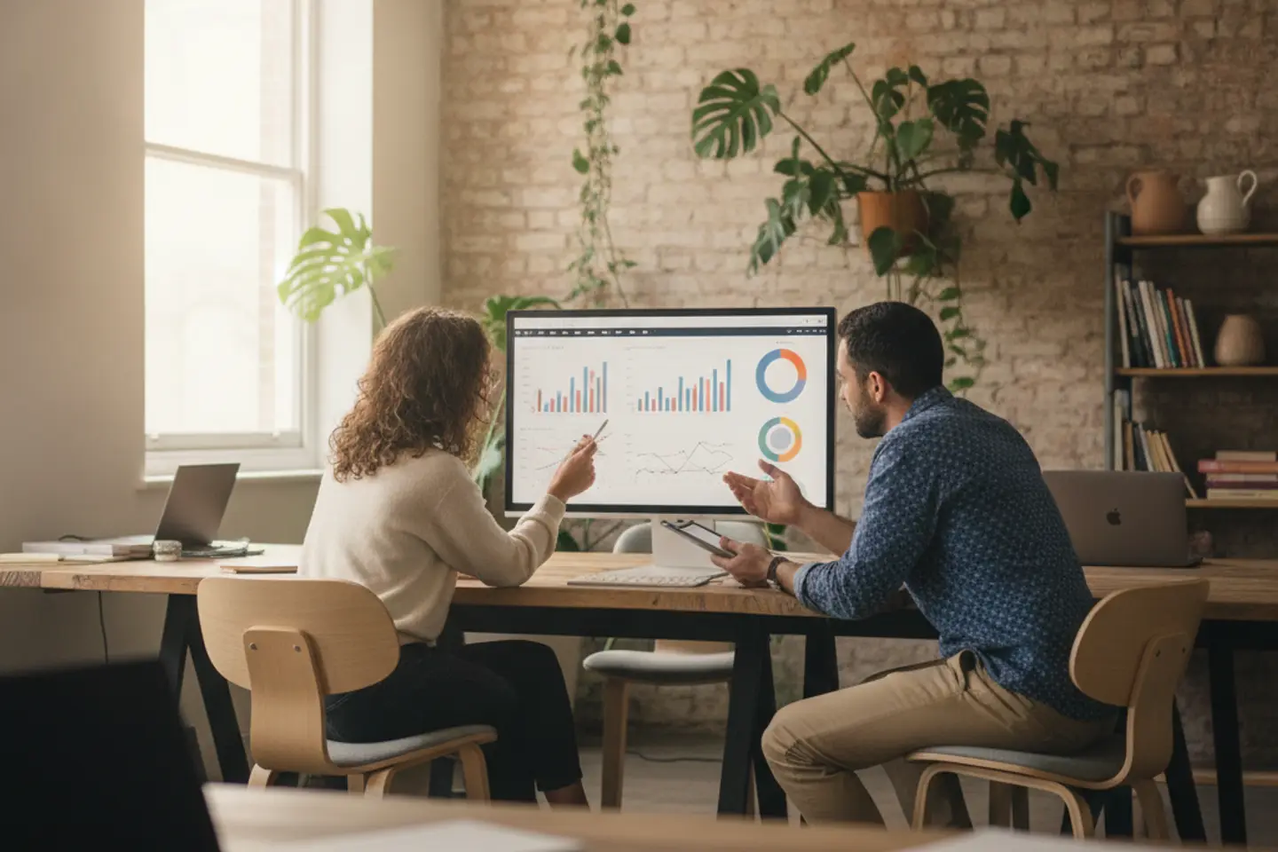 Two people reviewing website data on a large monitor in an Oxford co-working space