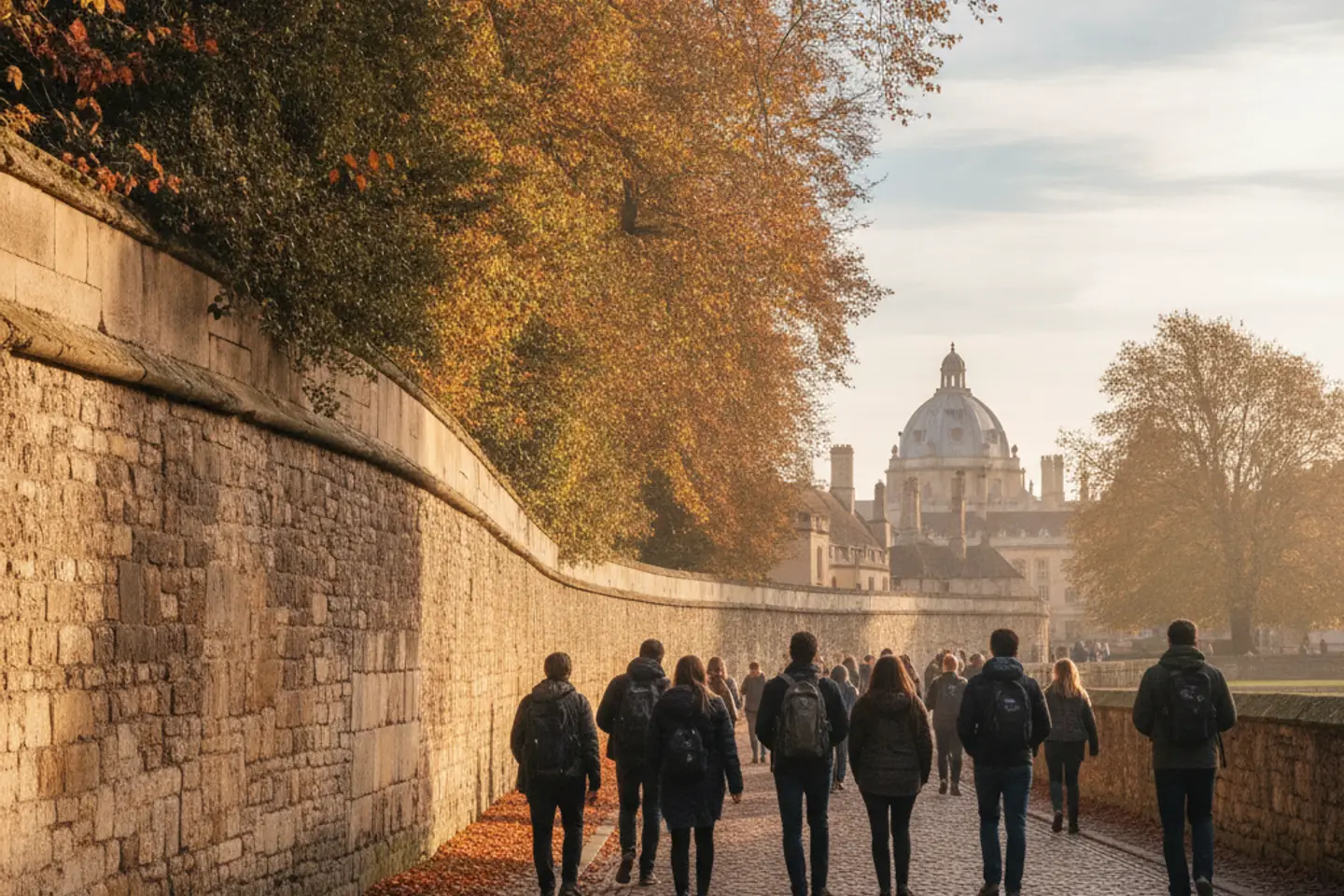 Visitors walking down a cobbled Oxford lane beside college walls